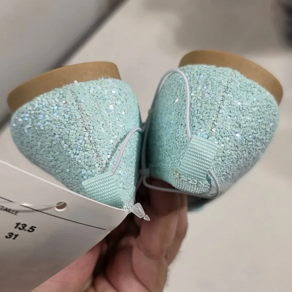 H&M Girls Turquoise Blue Glitter Mary Jane Flats Dress Shoes Size 13.5 NEW